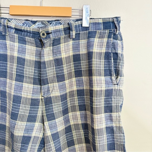 Vintage Tommy Bahama Blue Plaid Flat Front Shorts 75% Linen 25% Silk - Picture 6 of 15